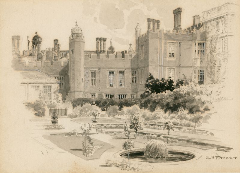Wolsey’s Palace de Edward H. Fitchew, óleo sobre lienzo, que representa muros de piedra en ruinas y un paisaje nostálgico.