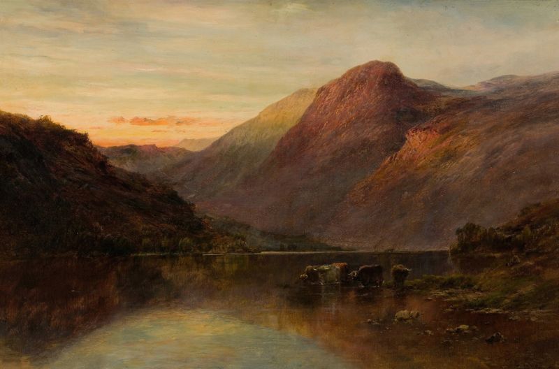 Paisaje de Ben Lomond de Alfred de Bréanski, pintura al óleo que representa montañas bajo un cielo tormentoso
