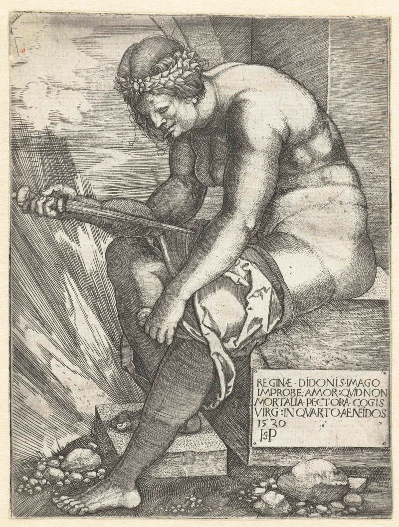 Grabado de Hans Sebald Beham que representa a Dido en duelo, rodeada de sombras.