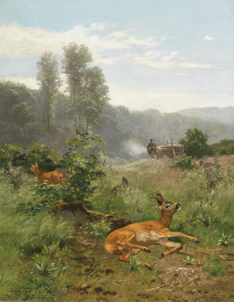 Rotwildjagd by Josef Schmitzberger, depicting a deer in a forest, oil painting