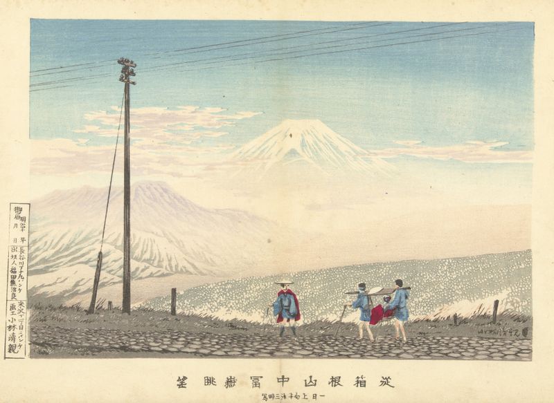 Paisaje Ukiyo-e de Kobayashi Kiyochika con el Monte Fuji y cielo pastel