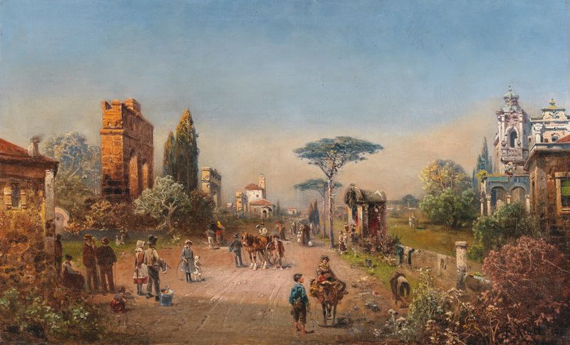 A View of the Via Appia by Robert Alott, oil on canvas depicting an ancient road at sunset.