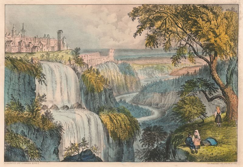 Waterfall–Tivoli, Italy de Currier & Ives, retratando uma paisagem serena com uma cachoeira, meio desconhecido.