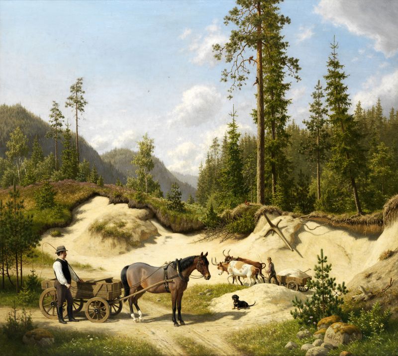 Dois homens com carrinhos de madeira em uma floresta de pinheiros, óleo de Carl Bøgh.