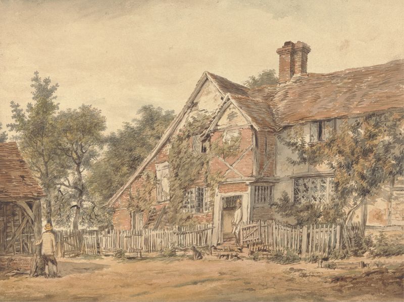 A Farmhouse by William Henry Hunt, watercolor on paper depicting a rural landscape with gentle light.