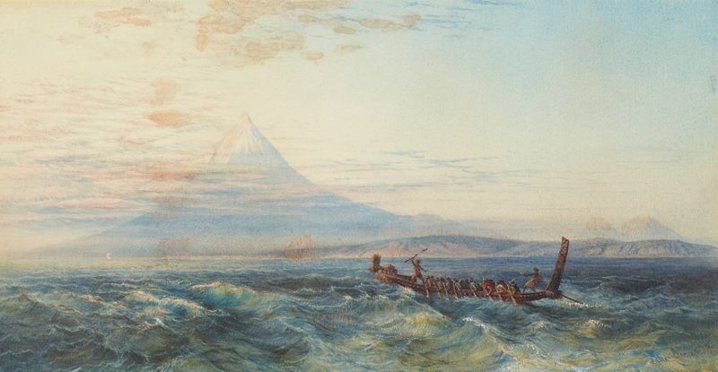 Pintura a óleo de Nicholas Chevalier de uma canoa de guerra maori se aproximando de Taranaki ao pôr do sol.