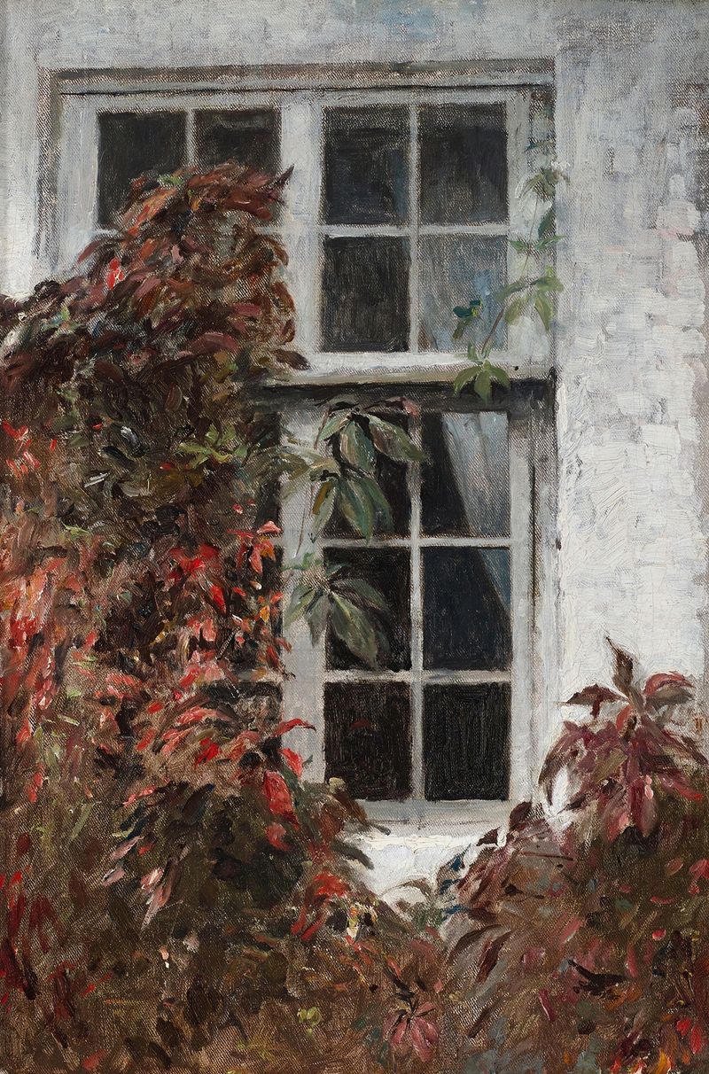 Ivy on a window by Peter Ilsted, oil on canvas
