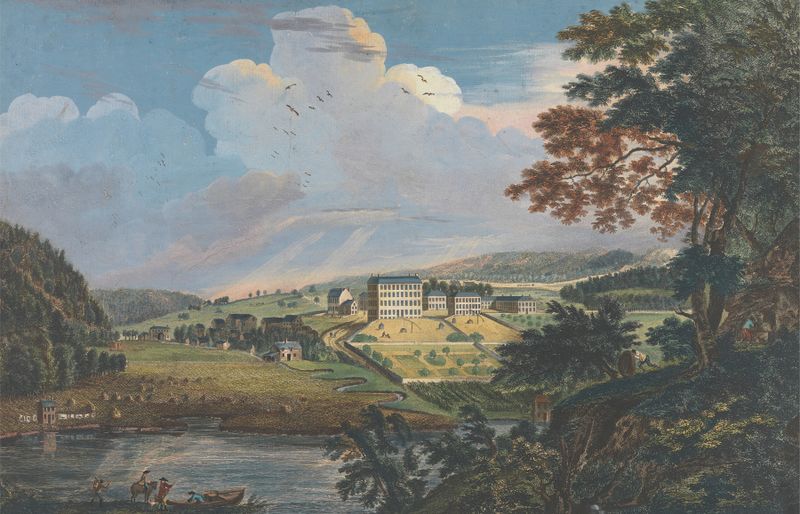 Gravura de Paul Sandby retratando um rio sereno e vegetação exuberante