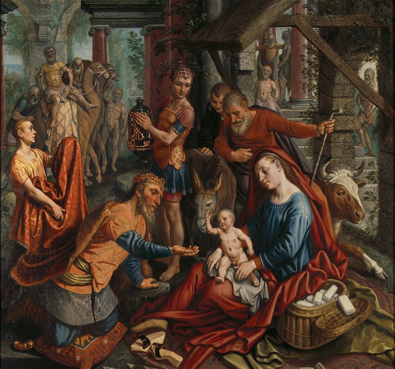 A Adoração dos Magos, óleo sobre painel de Pieter Aertsen, mostrando o rei mais velho adorando o recém-nascido Jesus.