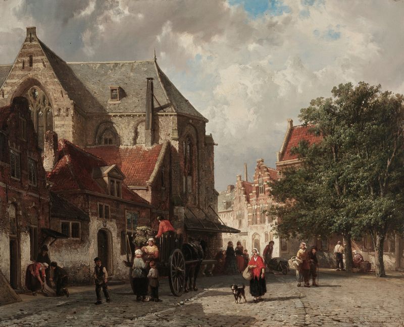 Escena de género de la gente en Utrecht, óleo sobre lienzo de Cornelis Springer