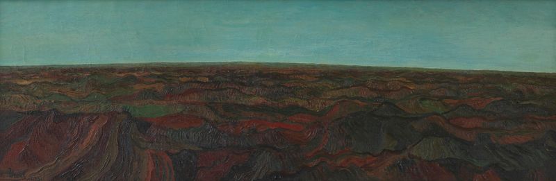 Hügelige Landschaft de Josef Scharl, óleo sobre lienzo que representa colinas onduladas y un paisaje onírico.
