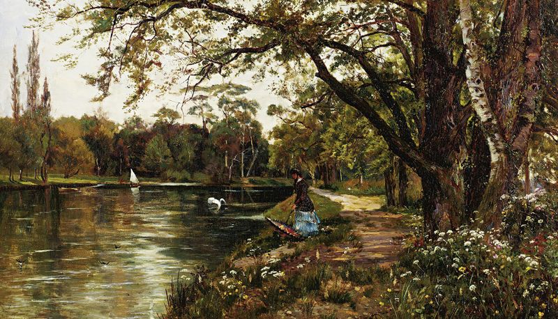 A stroll In Spring de Theodore Hines, impresionismo, que representa un paisaje vibrante con flores de primavera.