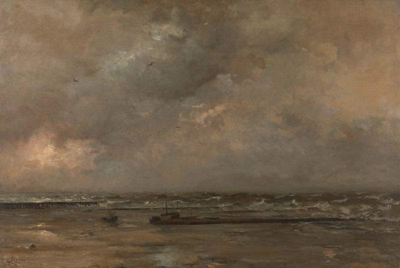The North Sea at Blankenberge by Louis Artan, oil on canvas depicting vibrant sea waves.