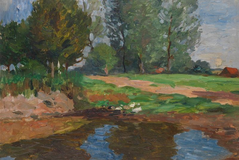 Oil painting by Thomas Herbst depicting a landscape with ducks on a pond