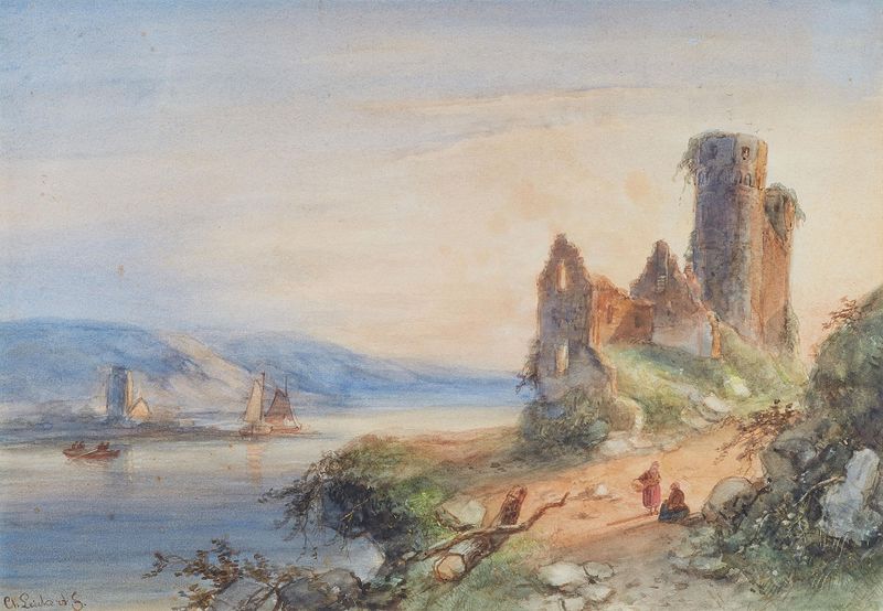 Rheinlandschaft mit Burgruine de Charles Leickert, óleo sobre lienzo que representa un río y ruinas de un castillo.