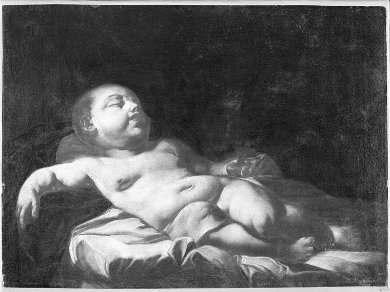 Sleeping Christ Child, óleo sobre lienzo de un artista no identificado, presenta a un niño sereno en suave drapeado.