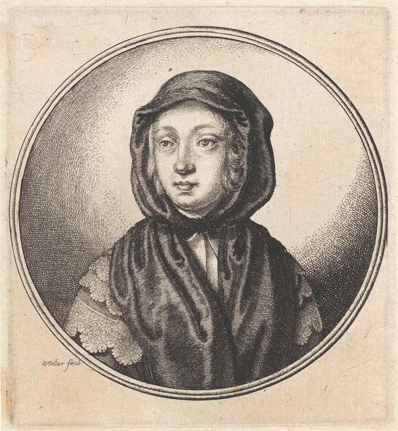 Retrato de una mujer con un pañuelo negro, grabado de Wenceslaus Hollar