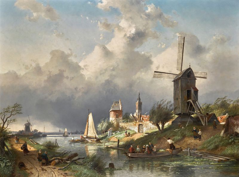 Paisagem de rio com moinho, pintura a óleo de Charles Leickert