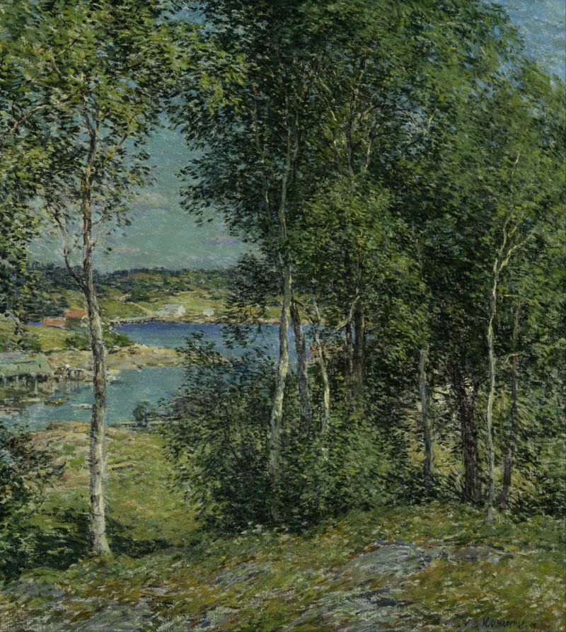 A Family of Birches by Willard Leroy Metcalf, impressionist landscape with birch trees and dappled light