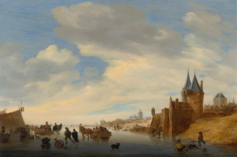 Paisagem de inverno em Arnhem de Jacob Salomonsz. van Ruysdael, óleo sobre tela que retrata uma cena de rio coberta de neve.