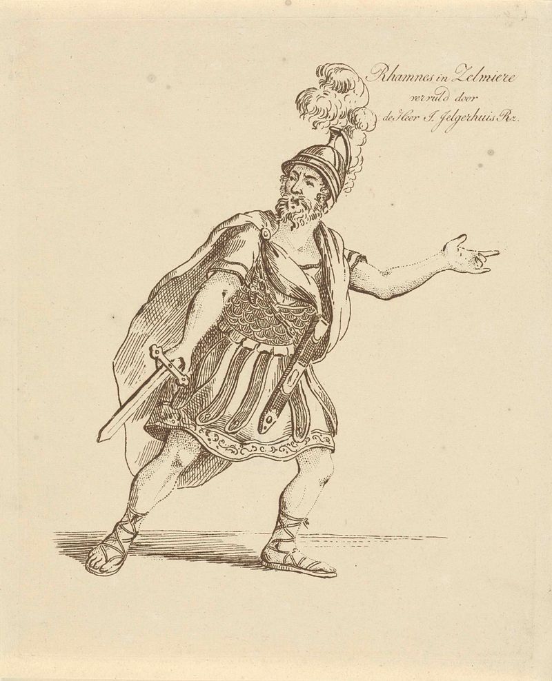 Portrait of a figure in sumptuous fabric, etching by Johannes Jelgerhuis
