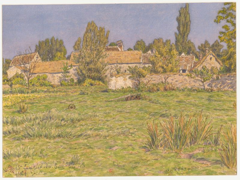 Aquarela de Henri Rivière retratando uma paisagem serena com tons suaves e árvores distantes