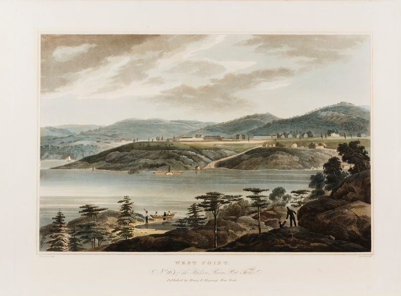 Pintura a óleo de paisagem de William Guy Wall retratando um rio ao crepúsculo com vegetação exuberante.
