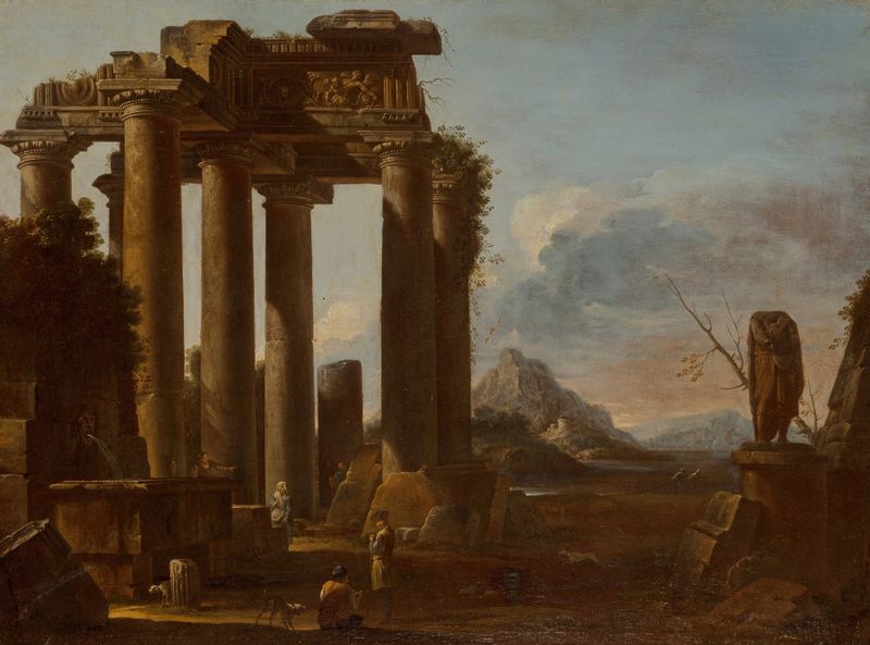A ruined classical temple with figures, oil on canvas by Giovanni Ghisolfi