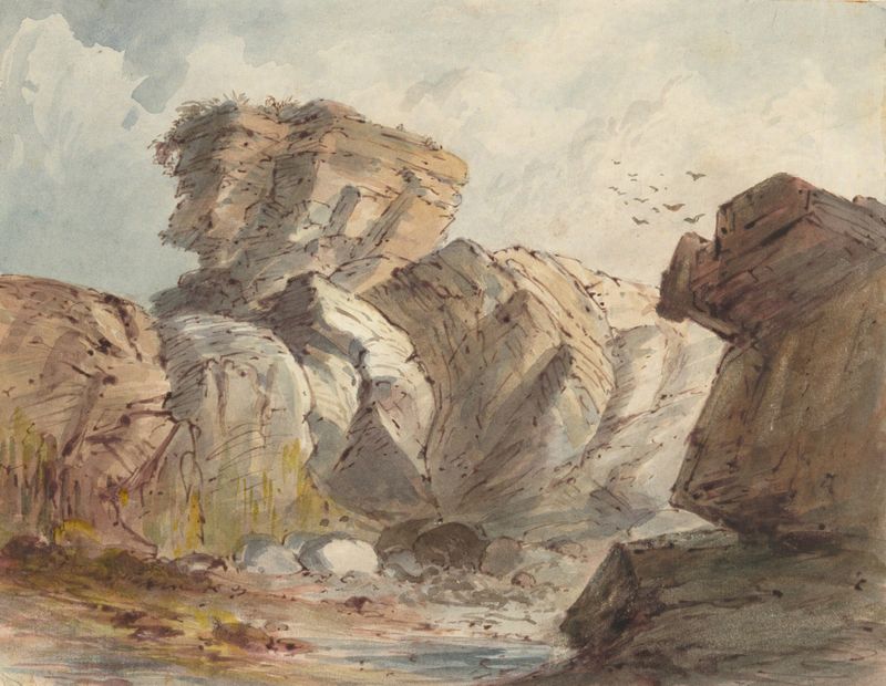 Rocky Landscape de Truman Seymour, pintura a óleo mostrando rochas rugosas e luz do sol.