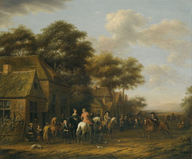 Genre scene with figures, horses, and chickens by Barent Gael.