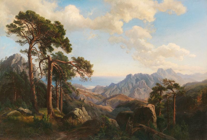 Landscape of mountains and clouds by Carl Hummel, oil painting