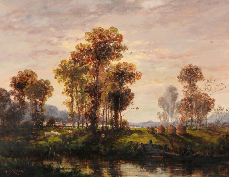 Landscape by Auguste Rigon, oil painting depicting a tranquil horizon with soft colors.