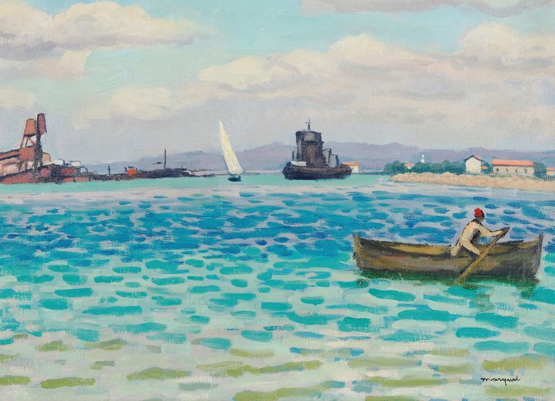 Paisaje que muestra una orilla de río al amanecer, pintura al óleo de Albert Marquet