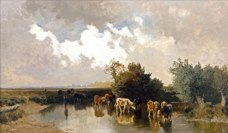 Vacas junto al agua al atardecer, óleo sobre lienzo de Joseph Wenglein