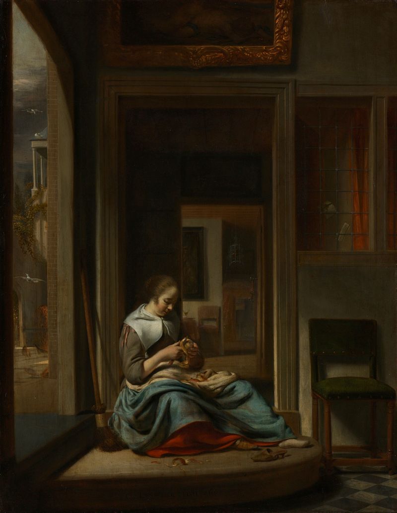Mulher descascando uma maçã em um interior, óleo sobre painel de Cornelis Bisschop
