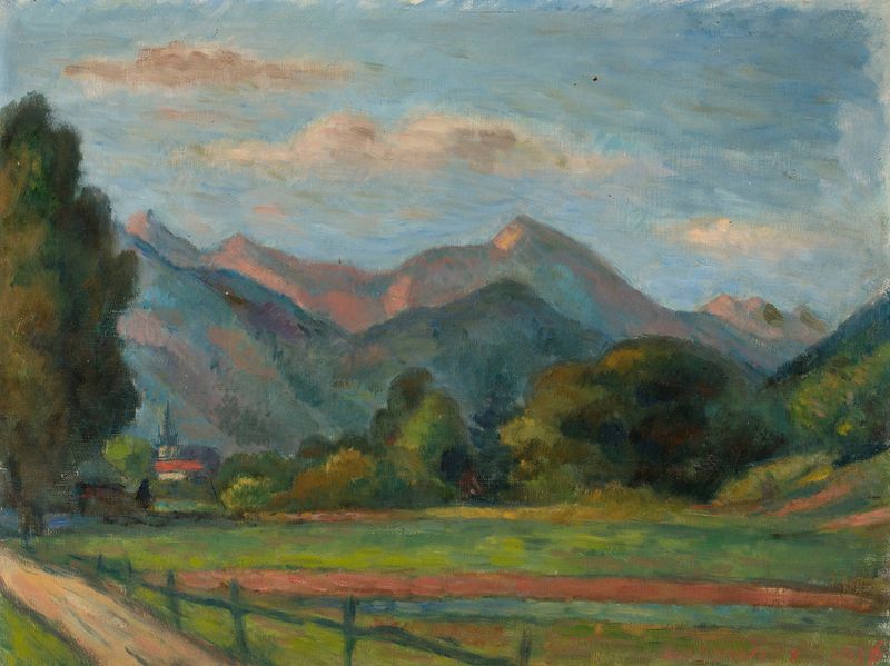 Tatra landscape oil painting by Wacław Wąsowicz depicting mountains and sky.