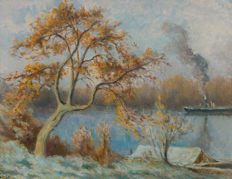 Les Bords De Seine Au Printemps de Maximilien Luce, óleo sobre lienzo que muestra un paisaje primaveral con agua y árboles