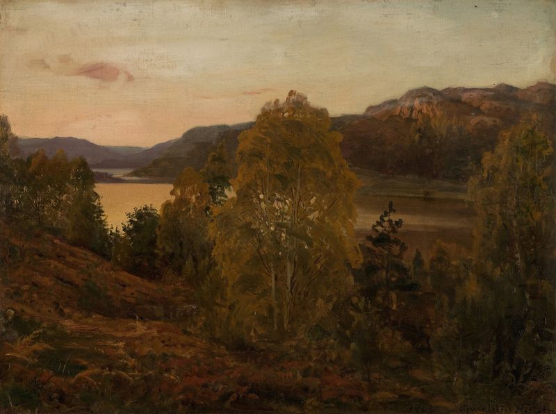 Høstaften, Mandal de Amaldus Nielsen, óleo sobre lienzo que representa árboles contra el atardecer