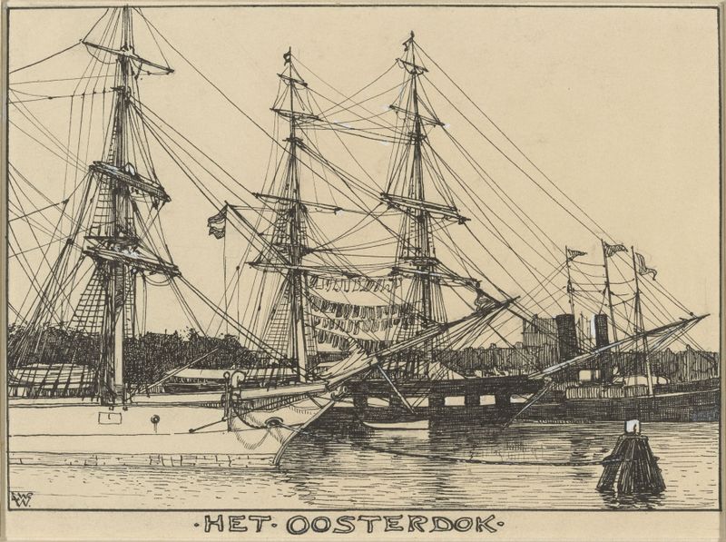 Het Oosterdok te Amsterdam de Willem Wenckebach, pintura al óleo que muestra barcos al anochecer.