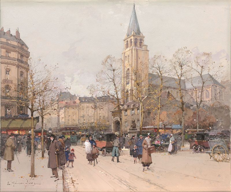 Oil painting by Eugène Galien-Laloue depicting a Parisian boulevard at twilight.