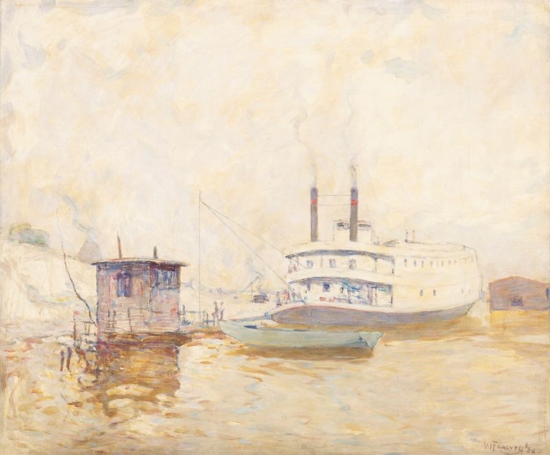 Ohio River Boat by William J. Forsyth, oil on canvas depicting a river scene with a boat.