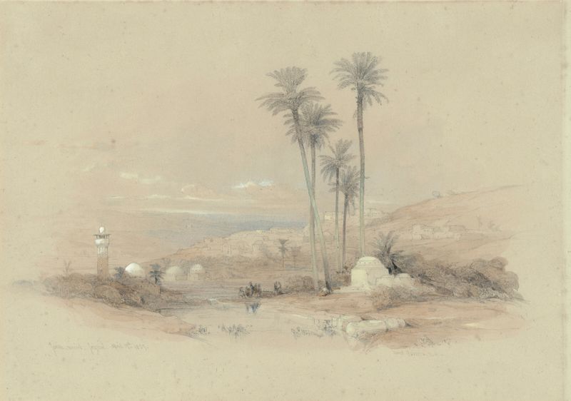 View of Jenin, ancient Jezreel de David Roberts, óleo sobre tela que retrata colinas e luz vibrante.