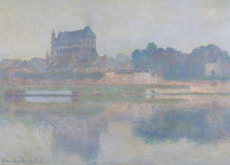 L’église De Vernon, Temps Gris de Claude Monet, óleo de una iglesia bajo cielos grises