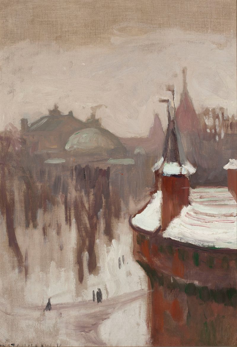 Barbican in Kraków de Jan Stanisławski, pintura al óleo que muestra arquitectura de piedra iluminada por la luz.