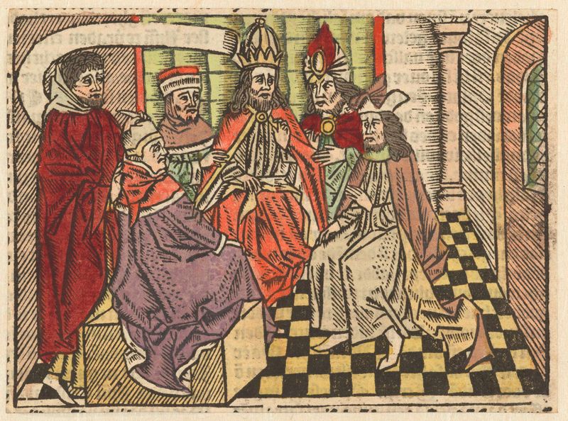 Religious scene with Judas and the high priest, oil painting by Meester van Antwerpen (I)