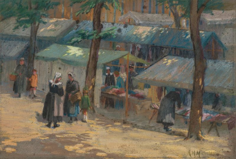 Market Day, Brittany by Alice Hogarth Nicholson, oil on canvas depicting a vibrant market scene.