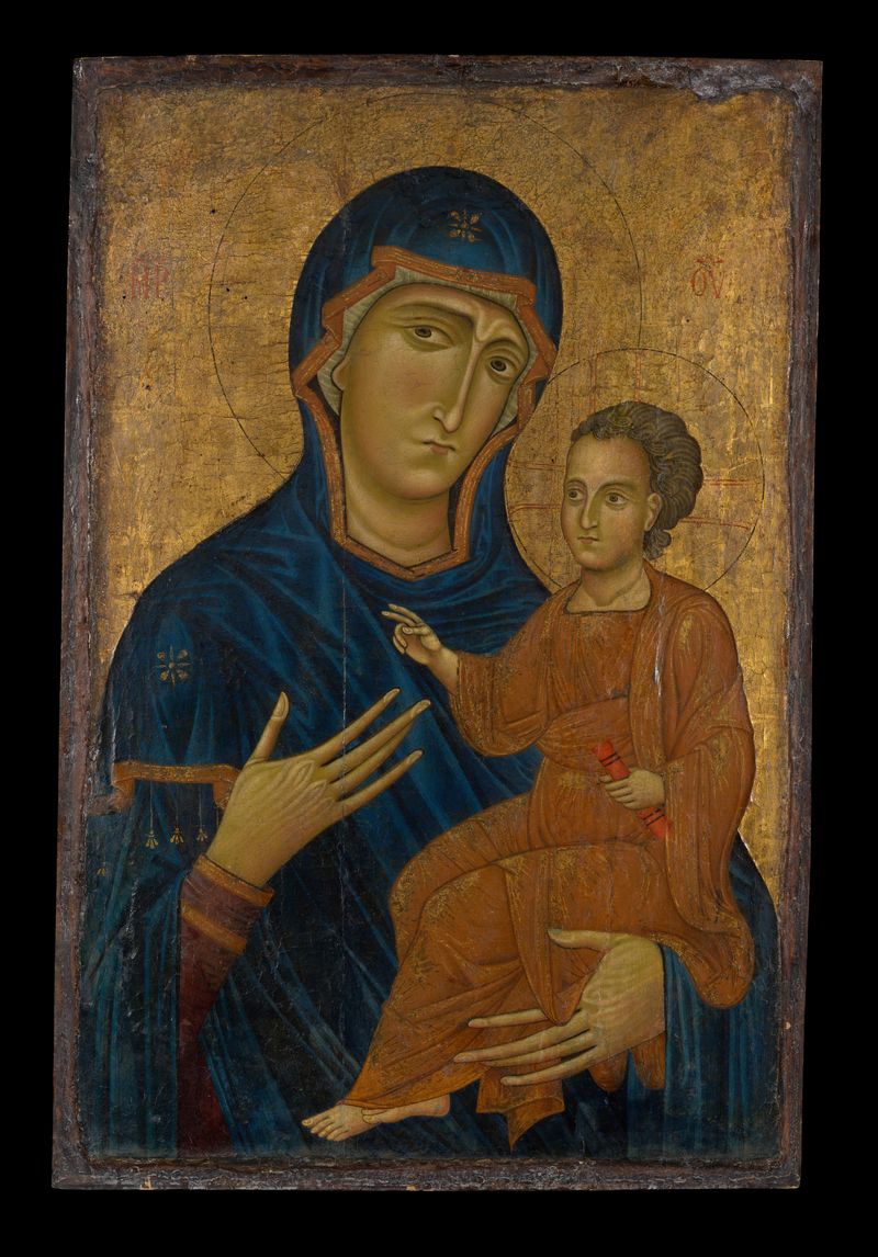 Obra de madeira do Renascimento do Norte por Berlinghiero representando Madonna e Filho com tons de ouro e azul