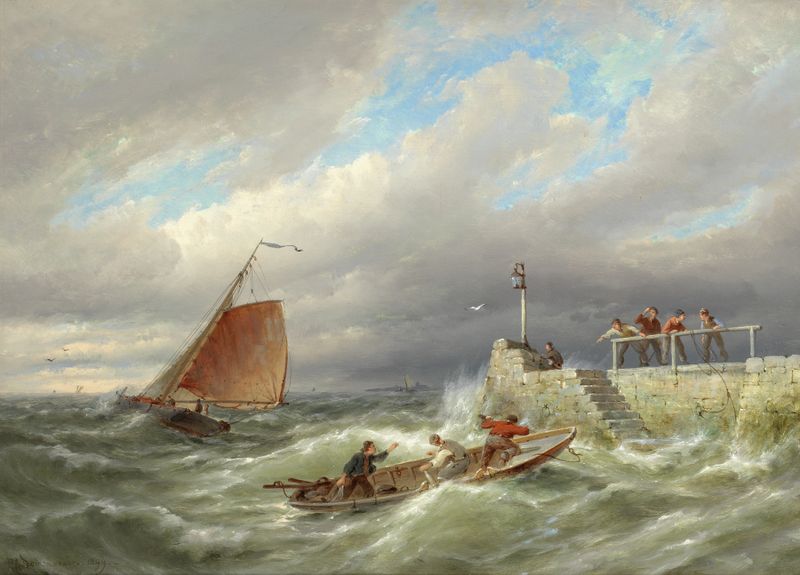 Marine scene with boats on a river, oil on canvas by Pieter Cornelis Dommersen