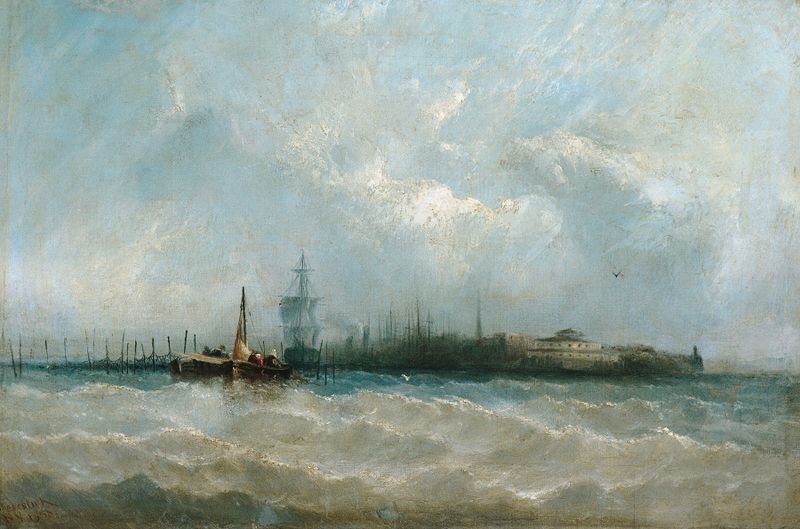 Escena del puerto de Nueva York con barcos e inmigrantes, pintura al óleo de Alfred Copestick