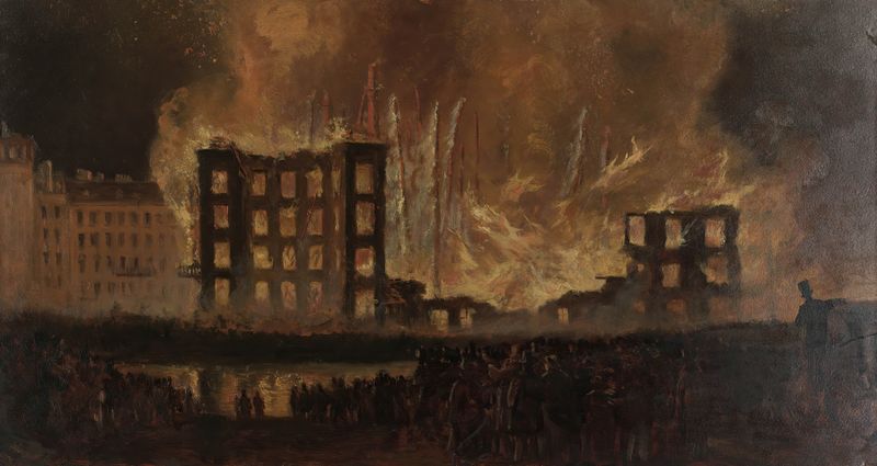 Óleo sobre tela de Leopold Munsch retratando um incêndio no teatro